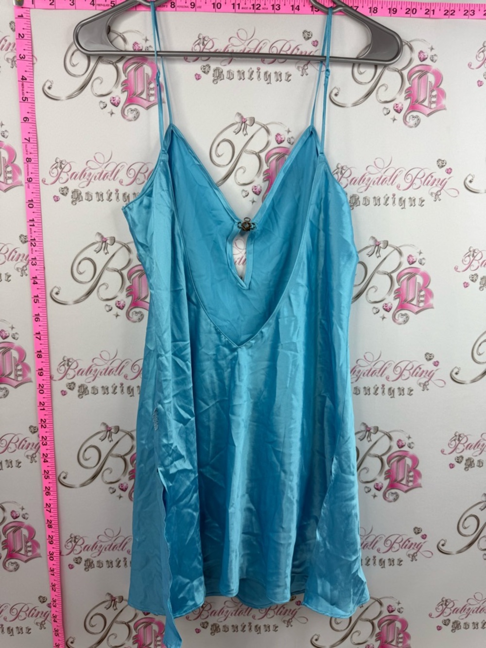Silk and Satin dress rhinestone diamond Aqua Slip Dress with Keyhole Detail - Picture 2 of 13